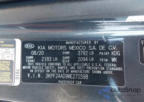 2021 Kia Forte Lxs из США, поврежденный, VIN 3KPF24AD9ME271598